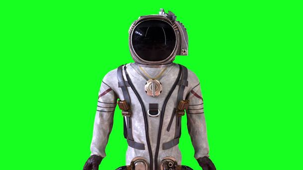 Cosmonaut σε ένα μεταλλικό προστατευτικό διαστημικό κοστούμι καταστρέφεται σε μικρά σωματίδια. Παραγόμενο από υπολογιστή υπόβαθρο χώρου, 3d απόδοση - Φωτογραφία, εικόνα