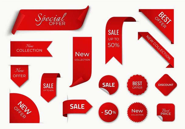 set of red sale label with discount offer. promotion label design - Vector, Image