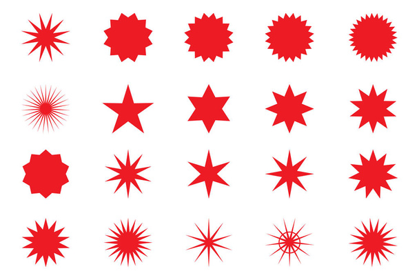 Aantal rode ster of zon vormige verkoop stickers. Promotionele kleverige nota's en labels. - Vector, afbeelding