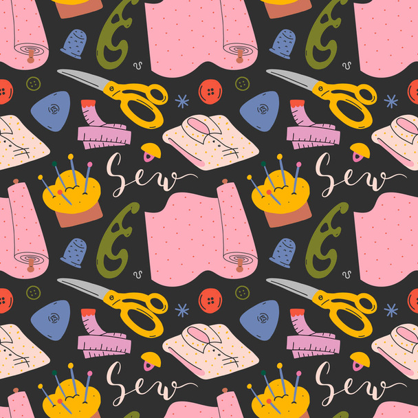 Sewing backdrop made of colorful simple illustrations, seamless vector pattern with tailoring tools, sewing machine, scissors and other equipment, modern  hand drawn background for tailor shop. - Vetor, Imagem