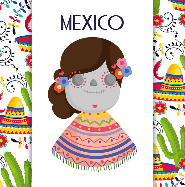 catrina with poncho hat cactus flowers mexico traditional event decoration card - Vettoriali, immagini