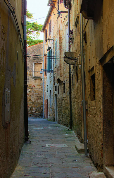 Scenic landschap van lege smalle straat in de stad Koper. Stadsgezicht van de oude stad met oude muren, stenen bestrating. Koper, Slovenië - Foto, afbeelding