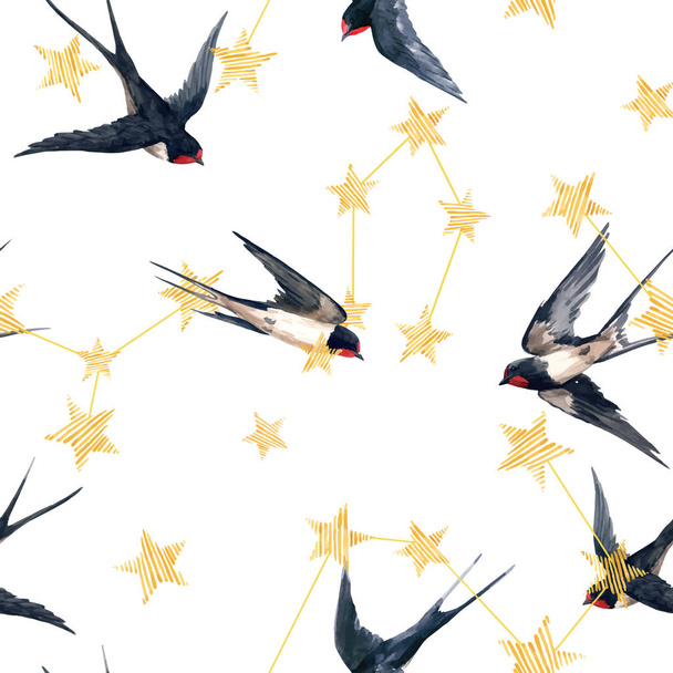 Beautiful vector seamless pattern with watercolor hand drawn stars and swallow birds. Starry sky. Stock Illustration. - Vector, Imagen