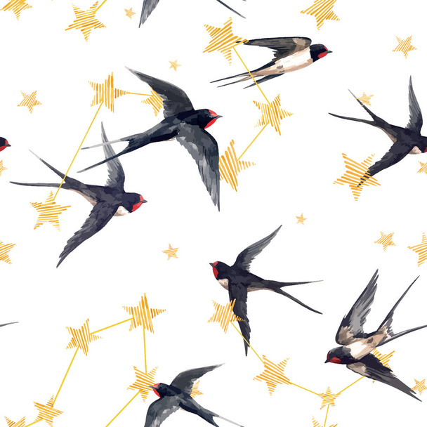 Beautiful vector seamless pattern with watercolor hand drawn stars and swallow birds. Starry sky. Stock Illustration. - ベクター画像