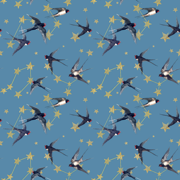 Beautiful vector seamless pattern with watercolor hand drawn stars and swallow birds. Starry sky. Stock Illustration. - Vektori, kuva