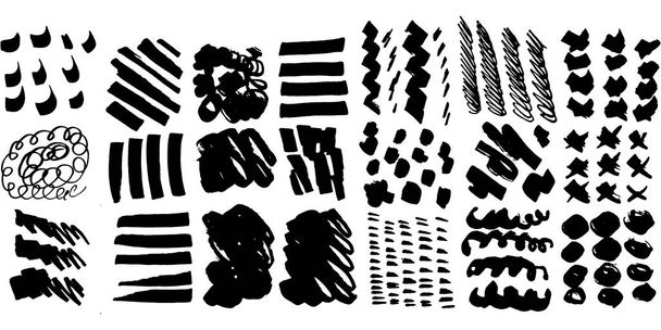 Collection with square set of black brush strokes, paint traces, lines, smudges, smears, stains - Vector, Image