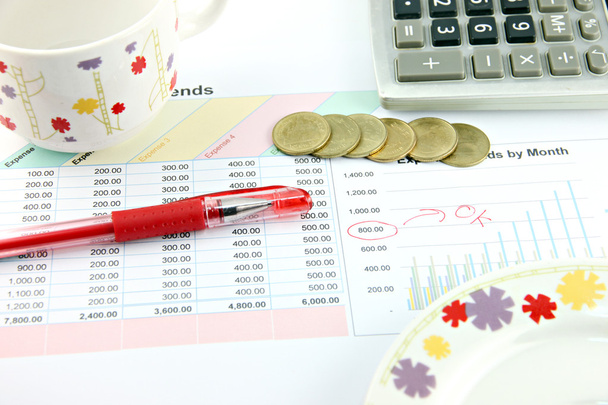 The Red Pen,cup,Calculator and money Coins on Business graph. - Photo, Image