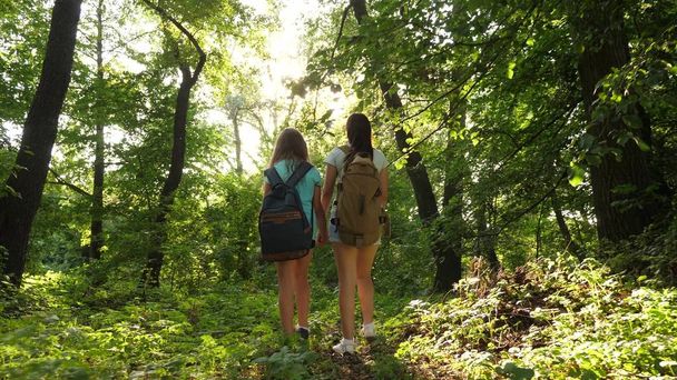 バックパックを持つ疲れた女の子の旅行者は、森の中の茂みを通過します。ハイカーの女性は森の中を歩く。夏の公園で幸せなハイカーの女の子。休暇でティーンエイジャーの女の子の冒険. - 写真・画像