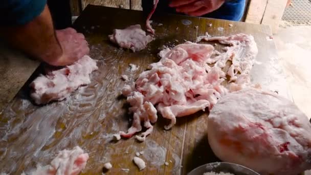 zwei Arbeiter kneten das weiche Fett des Schweinefleisches mit Salz für Gewürze in der Küche - Filmmaterial, Video