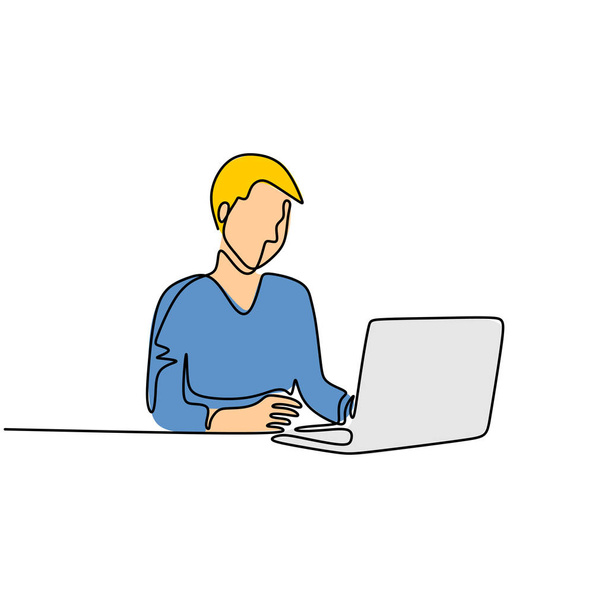 Continuous line drawing of man doing jon working on laptop computer - Вектор, зображення