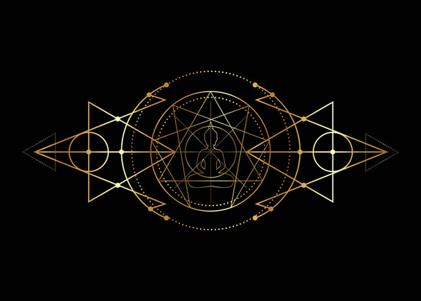 Enneagram joga złota ikona projektowania infografik i biznesu. pozycja lotosu, złota święta geometria, z medytującą sylwetką Buddy w środku, ilustracja wektorowa odizolowane czarne tło - Wektor, obraz