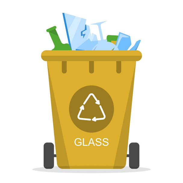 Скляні відходи у сміттєвому баку ізольовані. Збір сміття
 - Вектор, зображення
