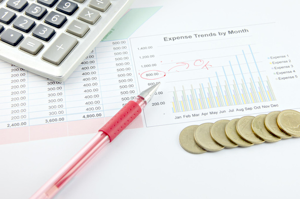 Stylo rouge, calculatrice et pièces d'argent sur le graphique d'affaires dans ok T
 - Photo, image