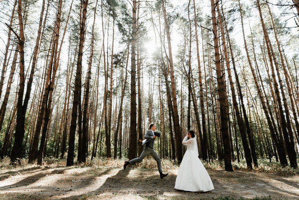 Attractive couple celebrating their wedding in forest. Portrait of young happy groom and bride in wedding clothes standing together, holding hands and looking at each other - Foto, Imagen