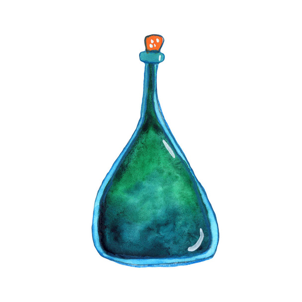 Mavi ve yeşil izole edilmiş sihirli iksir şişesi. El yapımı suluboya simya. Okültizm ve cadılık içeceği. Peri masalı iksiri kimyası. Aura testi - Fotoğraf, Görsel