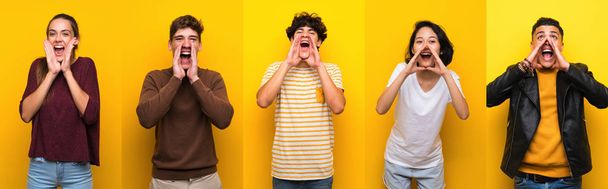 Set of people over isolated yellow background shouting and announcing something - Photo, Image