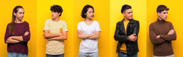 Set of people over isolated yellow background portrait - Foto, afbeelding