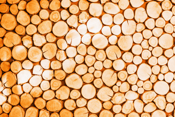 Zonnige oranje kleur rond patroon houten textuur achtergrond - Foto, afbeelding