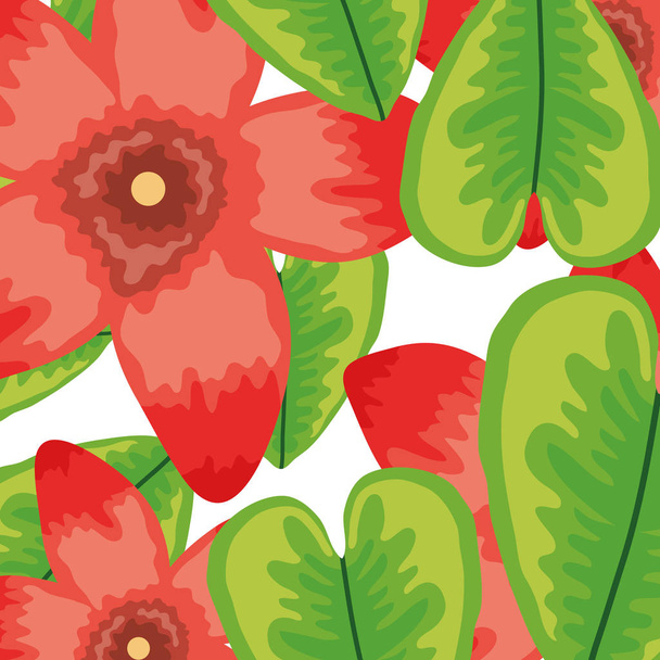 exotic and tropical flowers with leafs pattern - Vector, Image