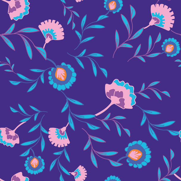 Διάνυσμα ψυχεδελική λαϊκή αδιάλειπτη μοτίβο με πολύχρωμα εθνοτικά λουλούδια και φύλλα, μωβ ροζ τυρκουάζ και μπλε φόντο - Διάνυσμα, εικόνα