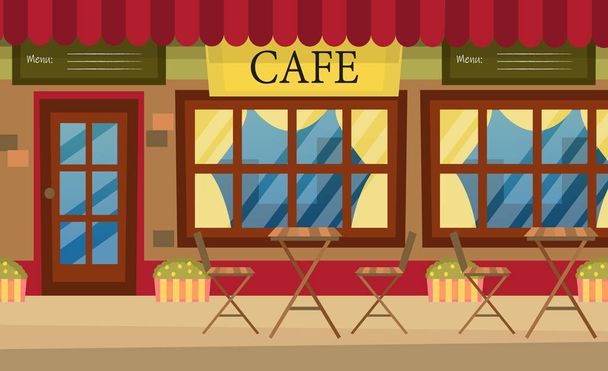 Katukahvila, jossa on punainen raidallinen markiisi, pöytä, tuolit. Viihtyisä kahvila ulkopuolella sarjakuva tyyliin. Litteään tyyliin. Vektoriesimerkki
 - Vektori, kuva