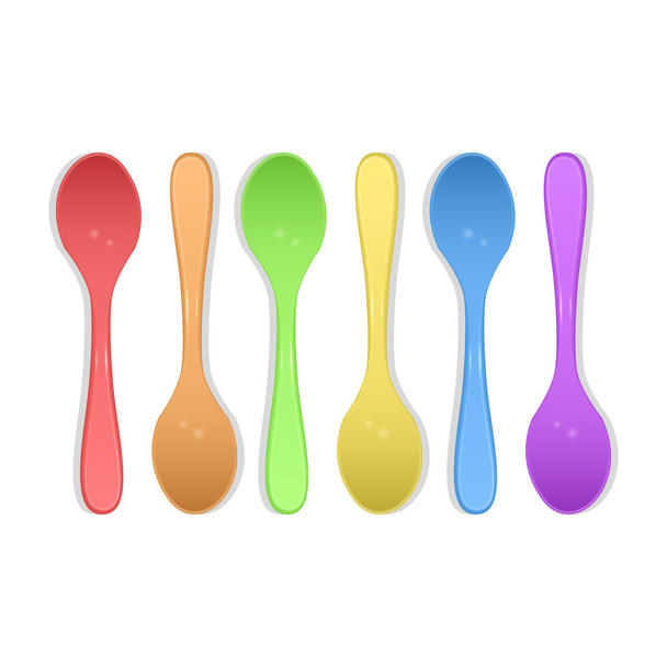 Plastic cutlery. Colorful spoons Kids food. 3d realistic vector icon set. - Vector, Image