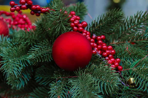 красивая праздничная мишура на рождественский или новогодний фон с зеленой пихтой
 - Фото, изображение