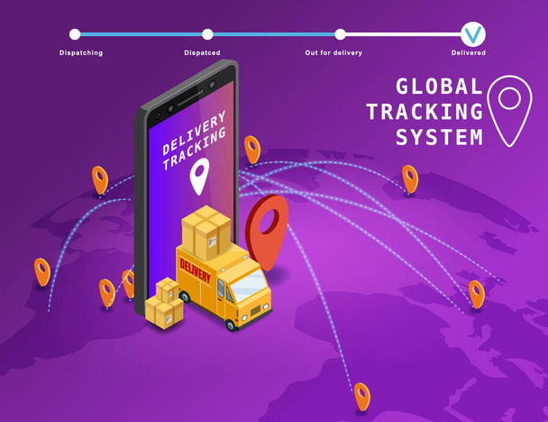 Global tracking system Delivery service online izometrikus tervezés okostelefonnal, teherautóval, dobozokkal a térképen Earth. GPS navigáció intelligens logisztika és szállítási koncepció. Vektor izolált illusztráció web - Vektor, kép