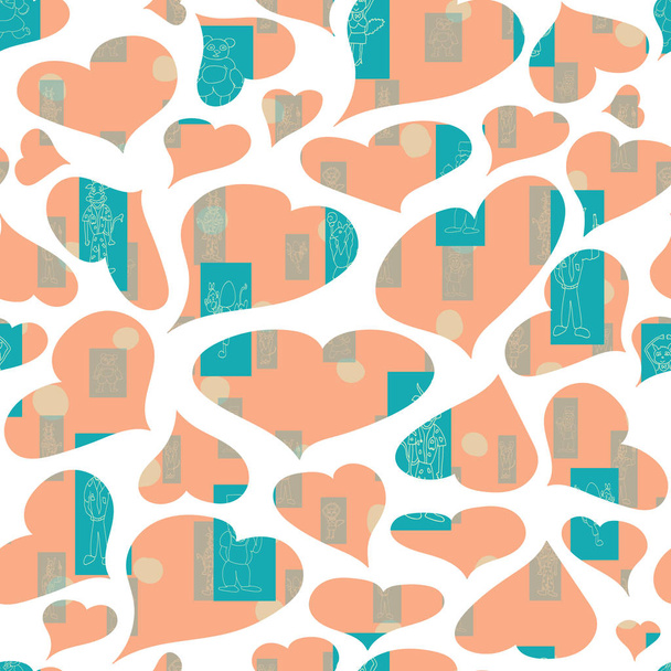 Vector pastel orange hearts anthropomorphic characters seamless pattern background - Vector, imagen