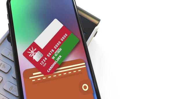 Terminal POS y bandera de Omán en la tarjeta virtual en el teléfono inteligente moderno. Renderización 3D relacionada con el pago minorista o móvil nacional
 - Foto, imagen