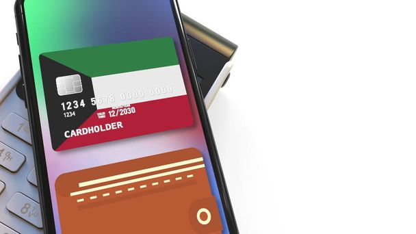 Modern akıllı telefondaki sanal kartta Pos terminali ve Kuveyt bayrağı. Ulusal perakende veya mobil ödemeyle ilgili 3D oluşturma - Fotoğraf, Görsel