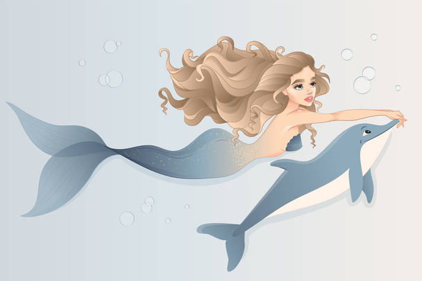 Meerjungfrau mit Delfin schwimmt im Meer - Vektor, Bild