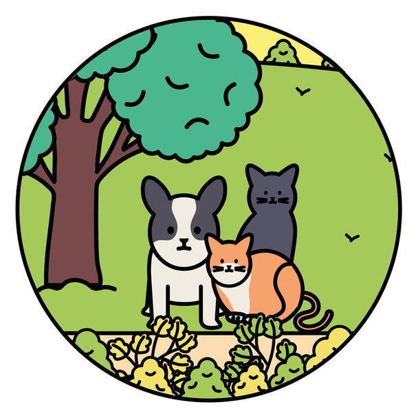 cute cats and dog mascots in the park - Vector, Image