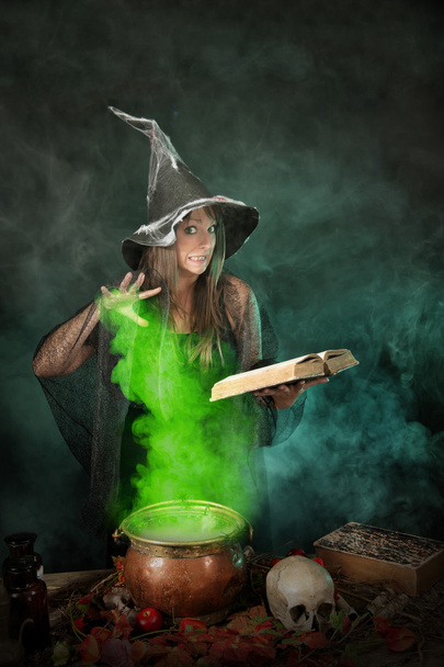 Хэллоуинская ведьма готовит зелье в котле
 - Фото, изображение