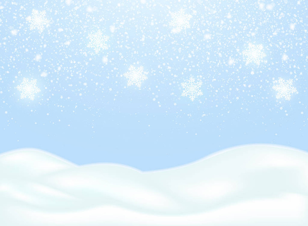 Snowdrift. Frozen lying snow. Falling white snow, snowflakes. Vector winter Christmas illustration blue background. - Vector, Image