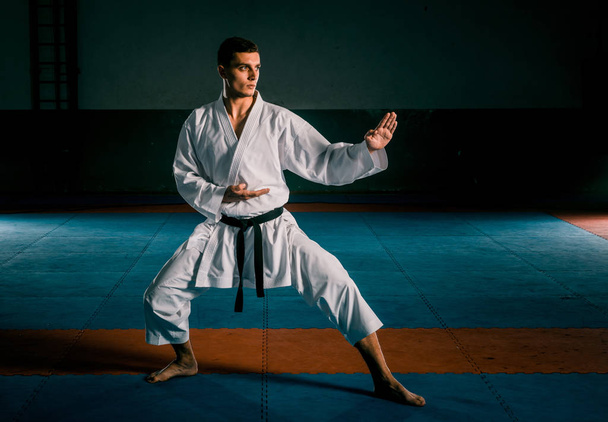 Muž karate bojovník provedení kop izolované na tmavém pozadí v tělocvičně - Fotografie, Obrázek