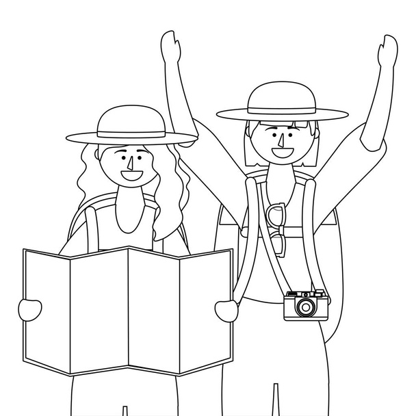 Caricatura de chicas turísticas con diseño de bolsa
 - Vector, imagen