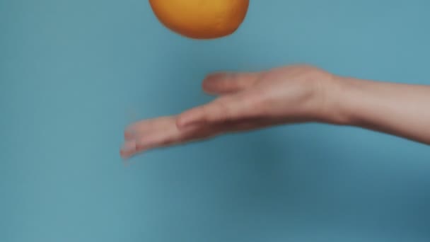 Makro video záběr ženské ruky házet svěží pomeranč nahoru a chytit to zpomalené kopírování prostor. Žena bez tváře házející sladké ovoce na modré modelují pozadí. Zdravé potraviny zdravotní vitamíny - Záběry, video