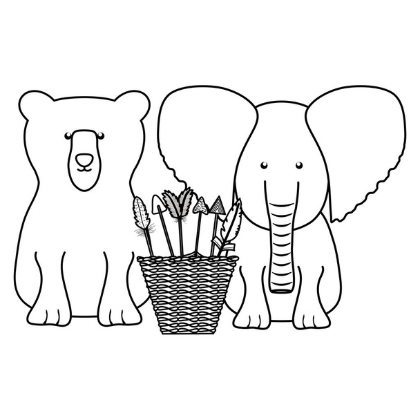 elephant and bear with basket of arrows bohemian style - Vector, Image