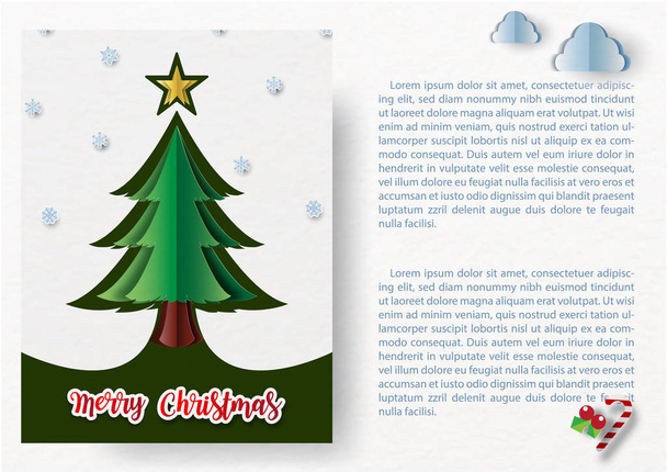 Vánoční borovice se sněhovými vločkami a Veselé Vánoce nápisy na bílou kartu a příklady textů s objekty vánočního dne v papírové střih styl na bílém papíře vzor pozadí. - Vektor, obrázek