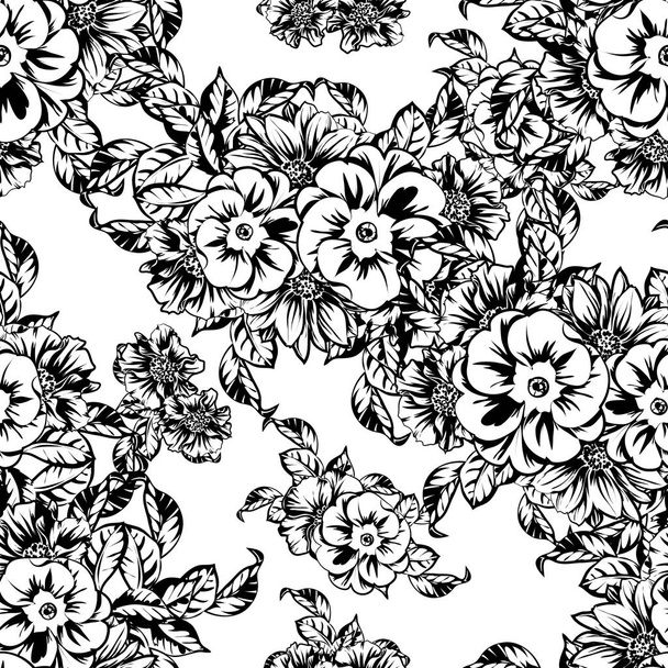 black and white seamless pattern with flowers - Vecteur, image
