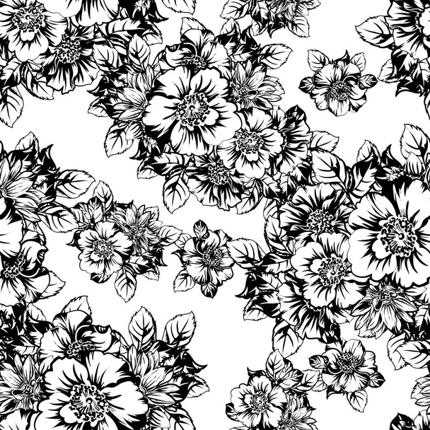 black and white seamless pattern with flowers - Vector, afbeelding