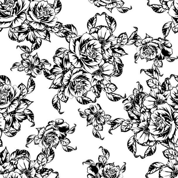 black and white seamless pattern with flowers - Vektor, Bild