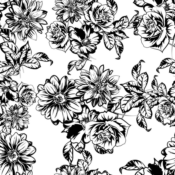 black and white seamless pattern with flowers - Вектор,изображение