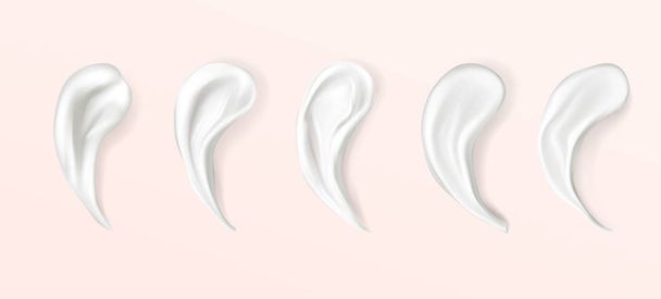 Set of realistic cream swatch. 3D Milky smear drops. Editable mousse collection. Face and skin care cosmetics.  Foundation, milk lotion, gel, drops texture, background. Vector illustration - Vector, Image