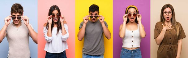 Σύνολο ανθρώπων πάνω από πολύχρωμο φόντο με γυαλιά και έκπληκτος - Φωτογραφία, εικόνα