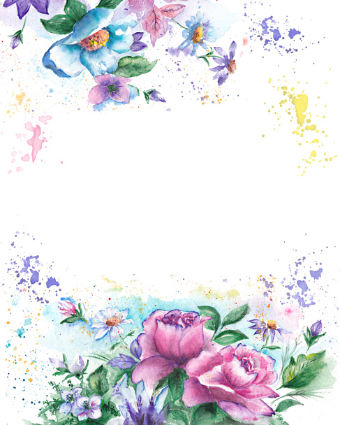 Romanttinen vesiväri Kevät Kukka kehys Tausta Kutsu kortti vaaleanpunaisia ruusuja, sinisiä kukkia ja maali roiskeita, käsinmaalattu värikäs kuva
 - Valokuva, kuva