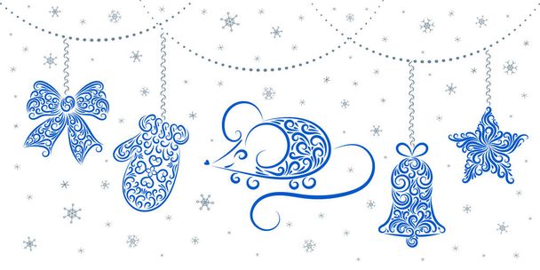 Újévi dekoráció az elemek a dísz: egér, íj, kesztyű, harang, csillag, hópihe. Csipke. - Vektor, kép