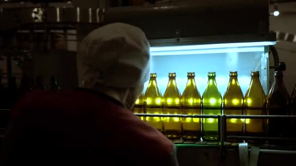 Vrouw controleert de kwaliteit van glazen flessen in een brouwerij - Video
