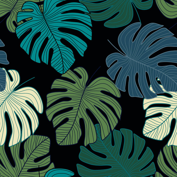Monstera Blatt nahtloses Muster auf schwarzem Hintergrund. tropische Blätter botanischer Hintergrund. - Vektor, Bild